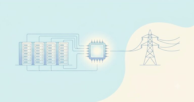 AI 서버 랙과 반도체 칩, 송전탑이 하나의 선으로 이어진 모습을 나타낸 일러스트