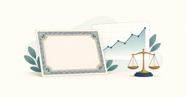 장식 테두리의 빈 채권 증서와 오르내리는 선 그래프, 저울 일러스트